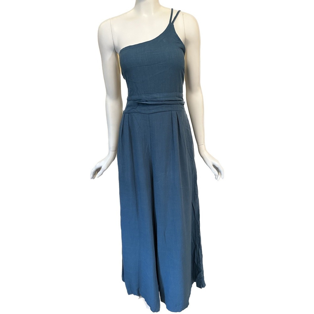Anrabess One Shoulder Wide Leg Pleated High Waist Pockets Jumpsuit Blue L 12-14